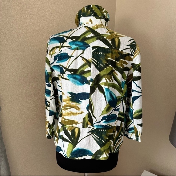 Chico's Tropical Print Linen Collar 3/4 Sleeve White Green Zip Jacket - Picture 11 of 16